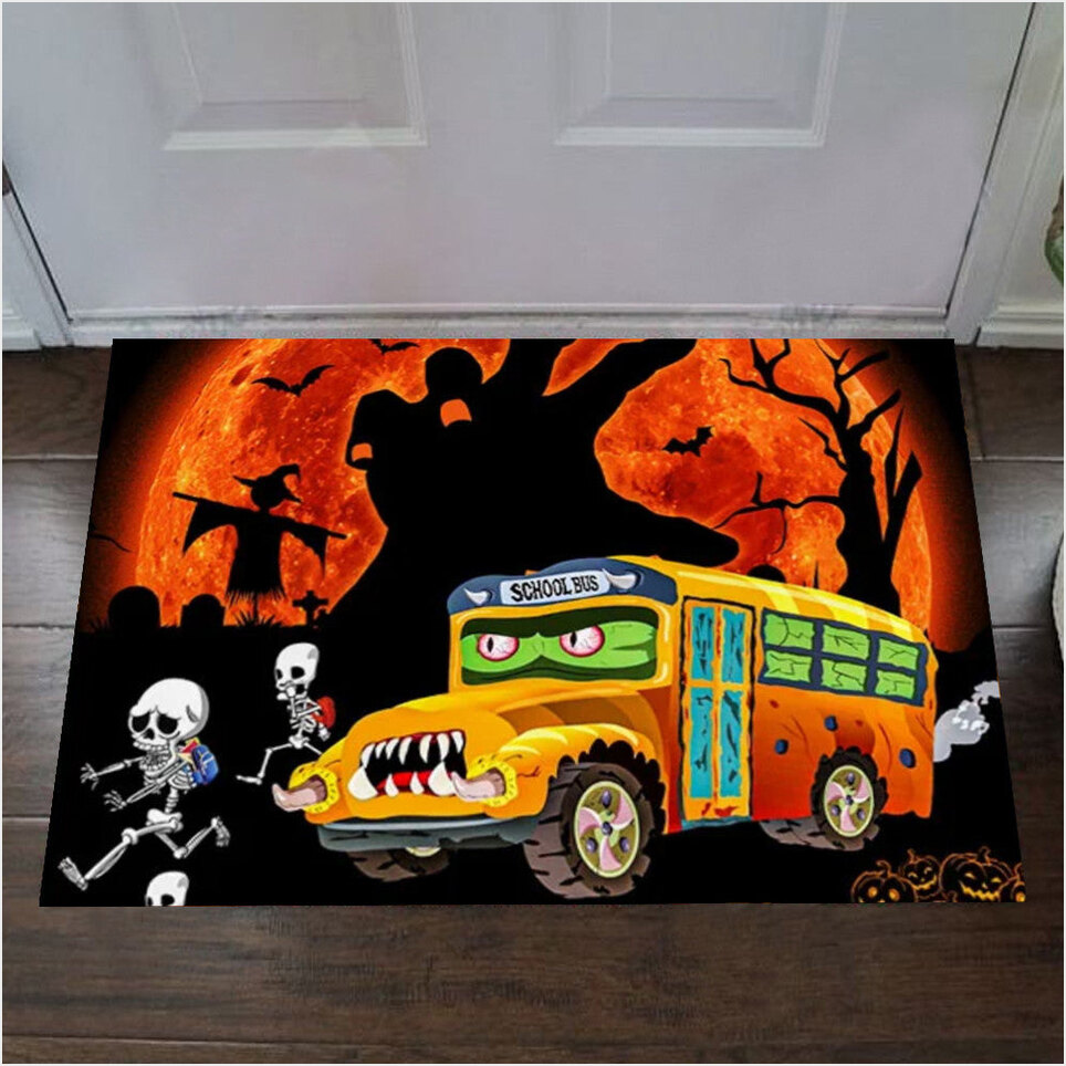 School Bus And Skeletons Happy Halloween Doormat 2022 Halloween Bus Drivers Gift Ideas-1