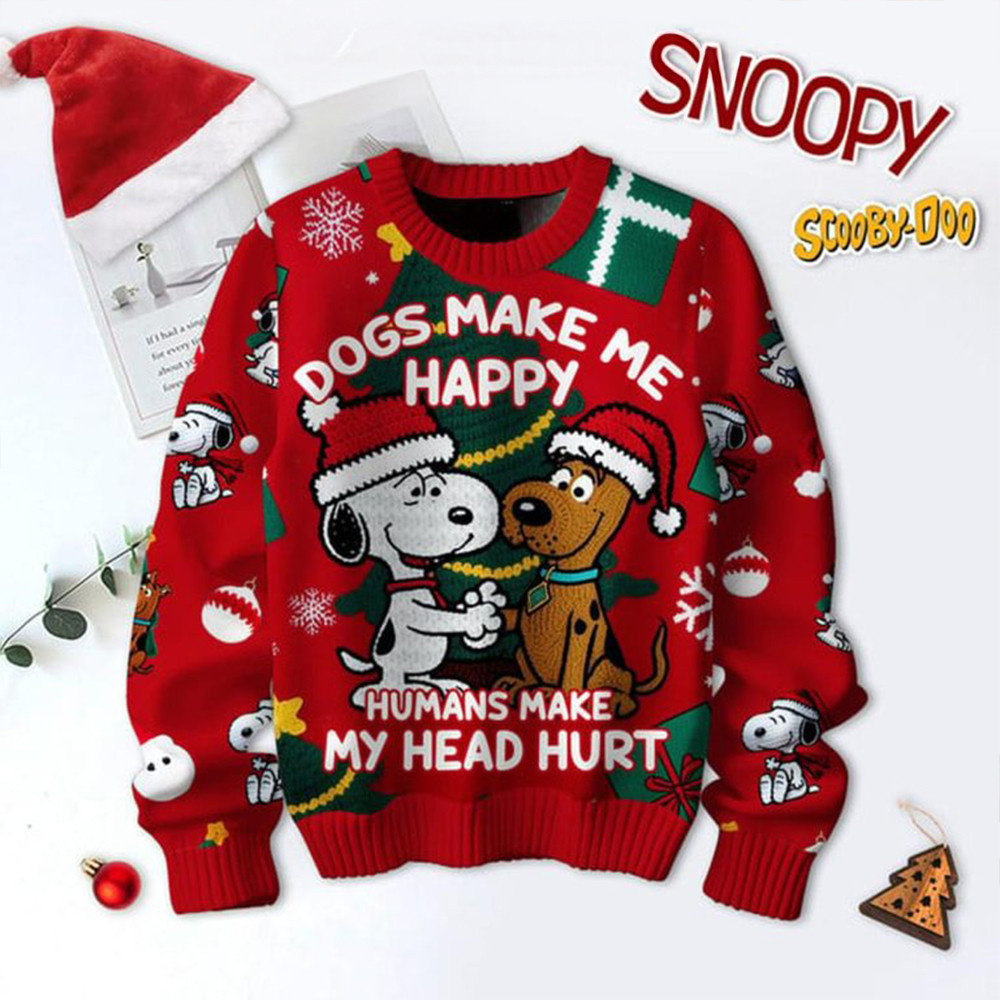 Scooby Doo Snoopy Peanuts Merry Christmas Human Makes My Head Hurt Ugly Sweater Gift For Fans-1
