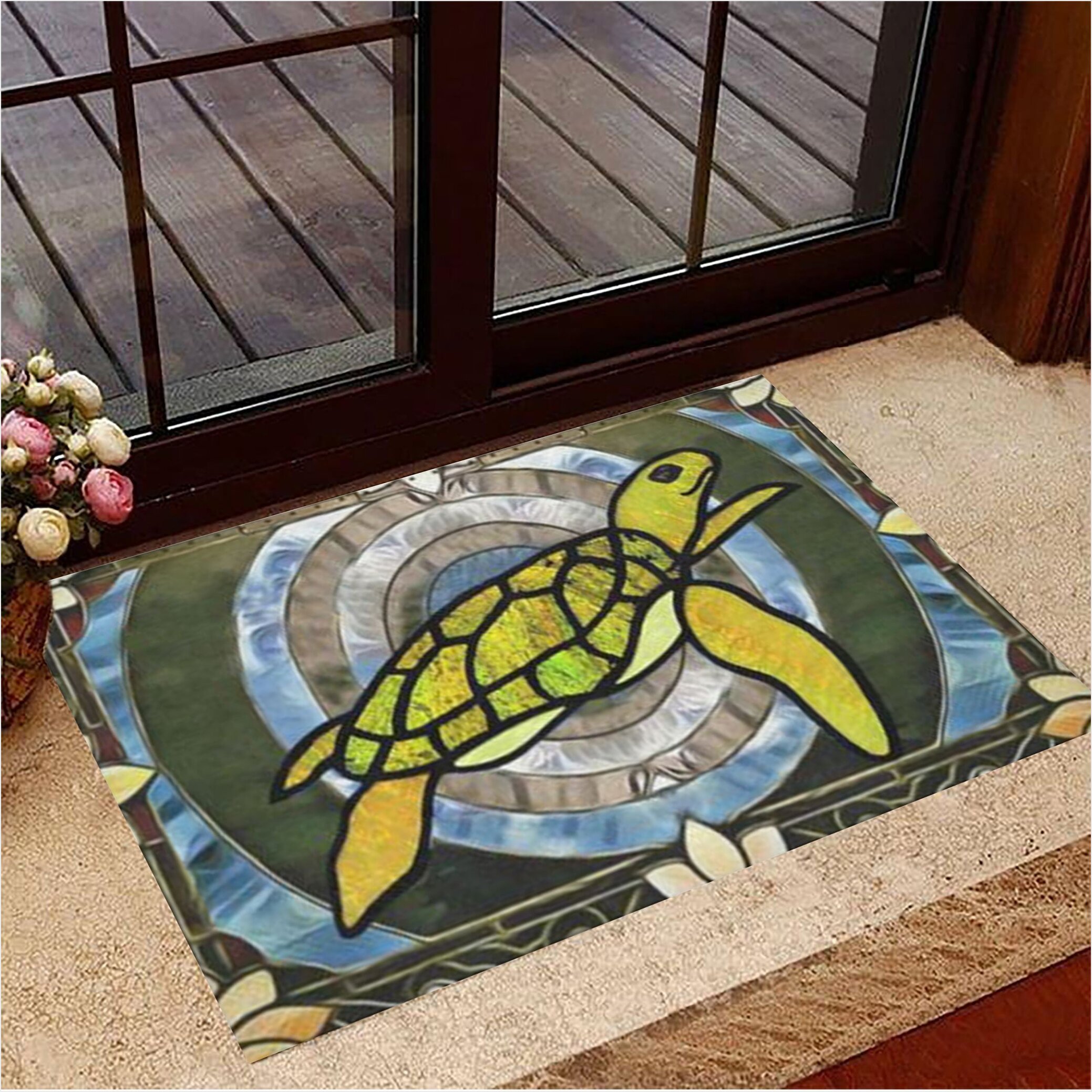 Sea Turtle Is Swimming With Many Circular Patterns Doormat Decorative Door Mats New Home Gifts-1