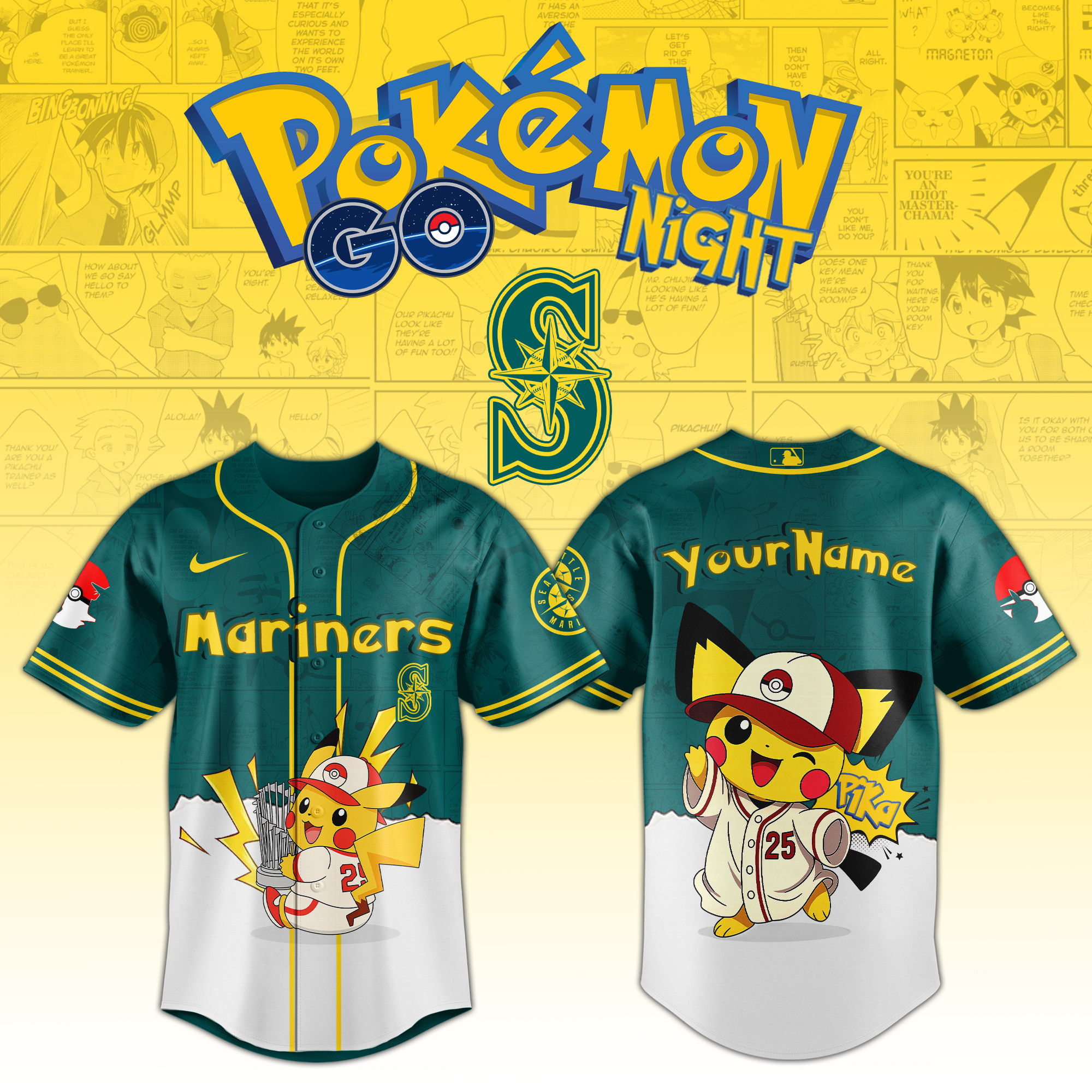 Seattle Mariners Mlb X Pokemon Go Night Personalized Baseball Jersey For Fans-1