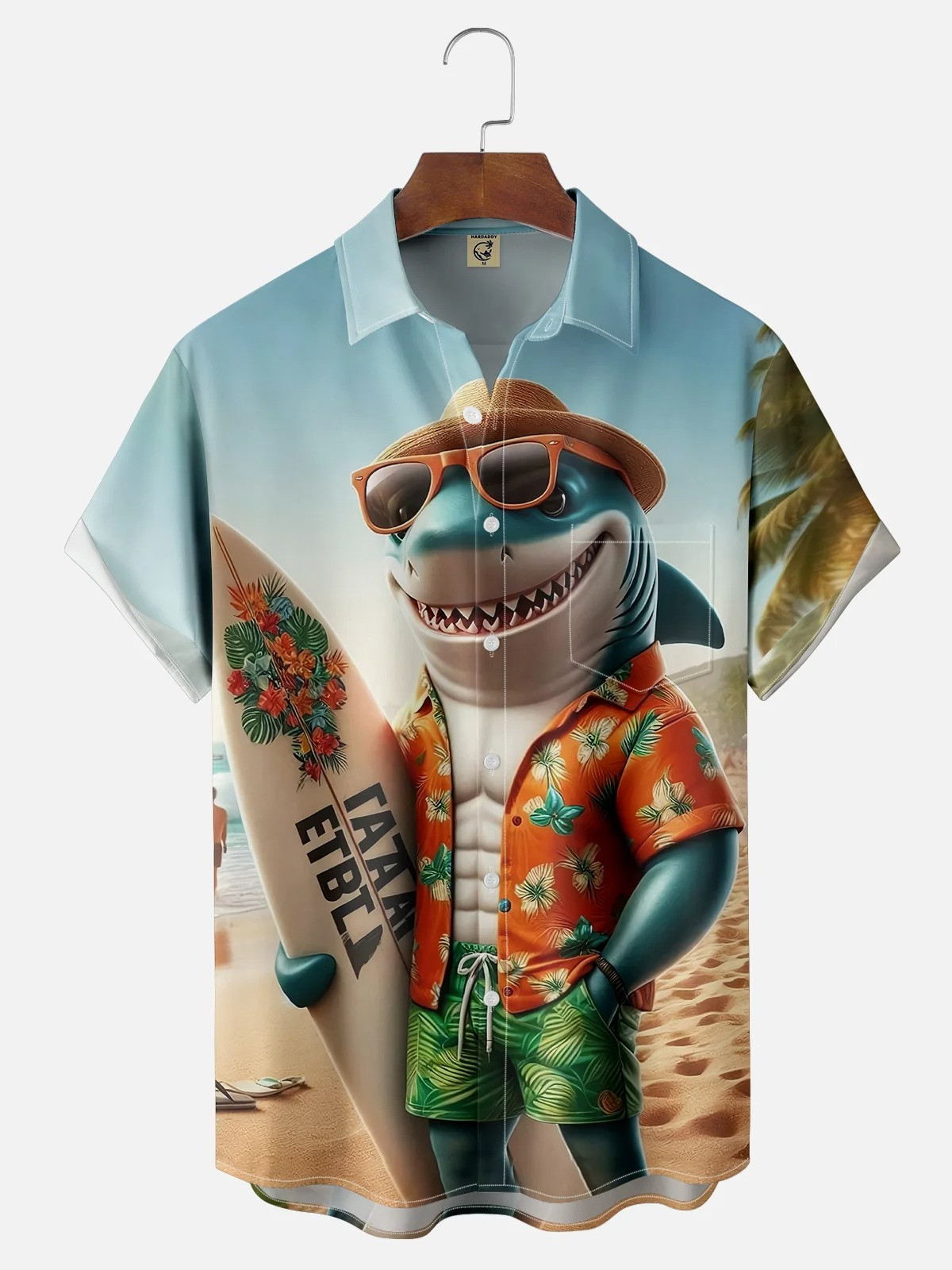 Shark Beach Surfer Chest Pocket Hawaiian Shirt-1