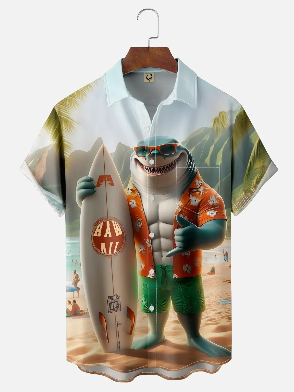 Shark Surfer Blue Chest Pocket Hawaiian Shirt-1
