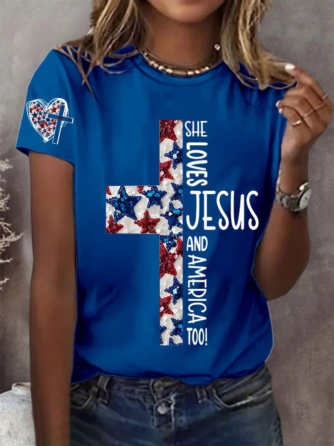 She Loves Jesus And America Too Shirt Women's Christian T-Shirt Gifts For Mom-1