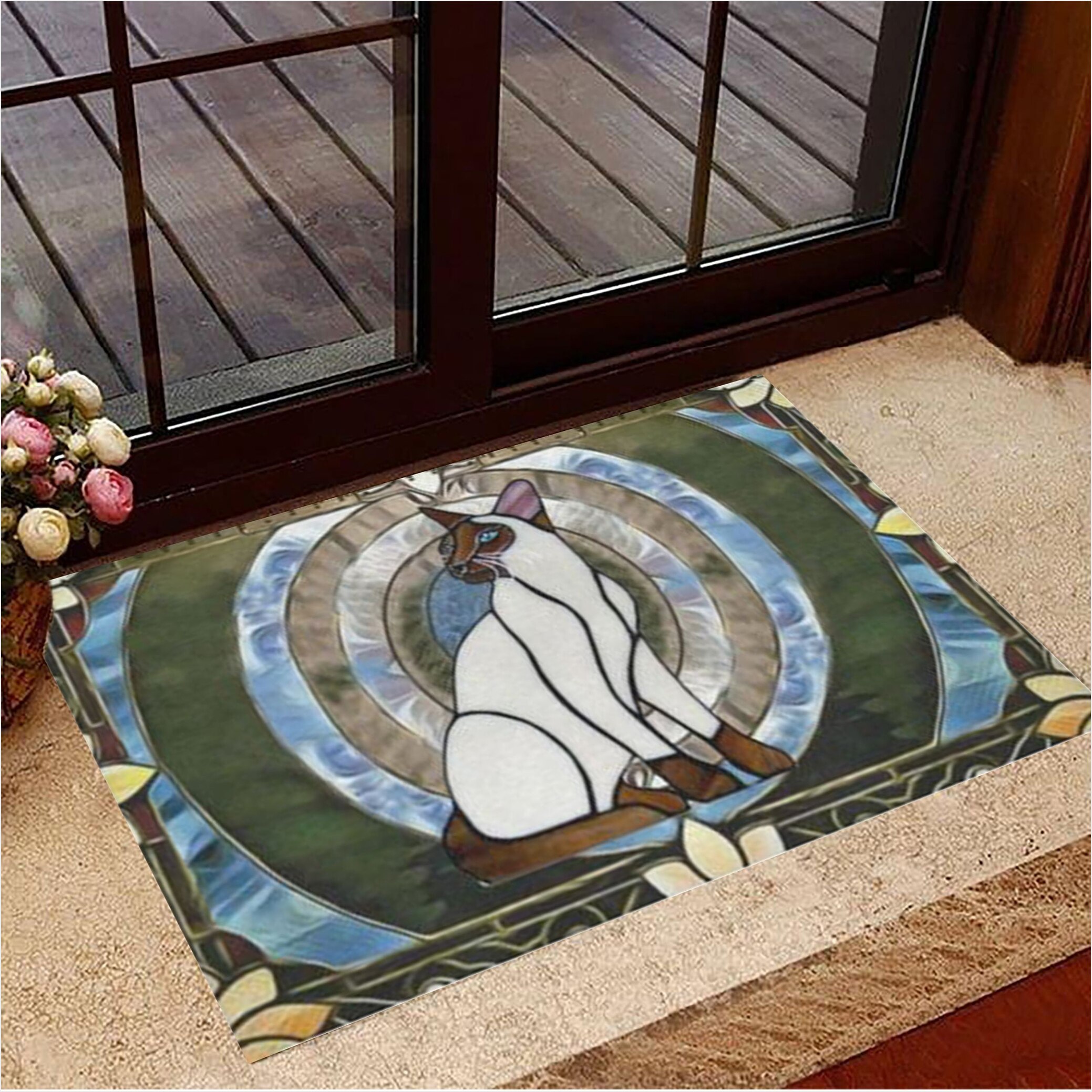 Siamese Is Sitting With Many Circular Patterns Doormat Cat Welcome Mat Gifts For Cat Lovers-1