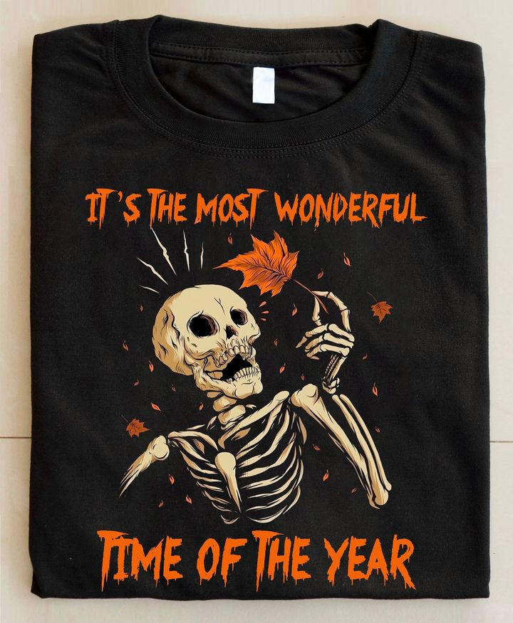 Skeleton It's The Most Wonderful Time Of The Year Shirt Fall Themed Autumn Leaves Shirt-1