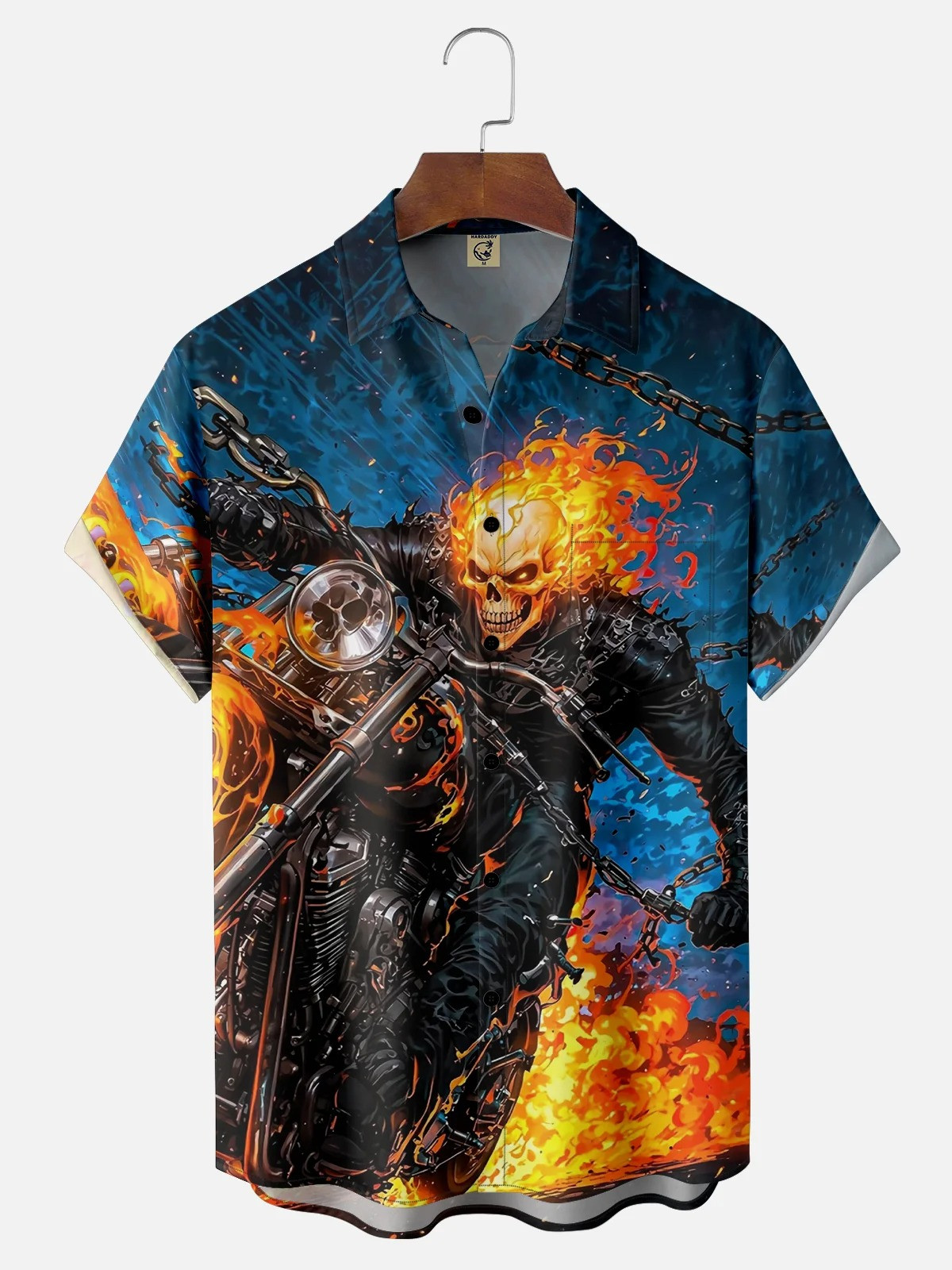 Skull Knight Flame Motorcycle Chest Pocket Casual Shirt-1