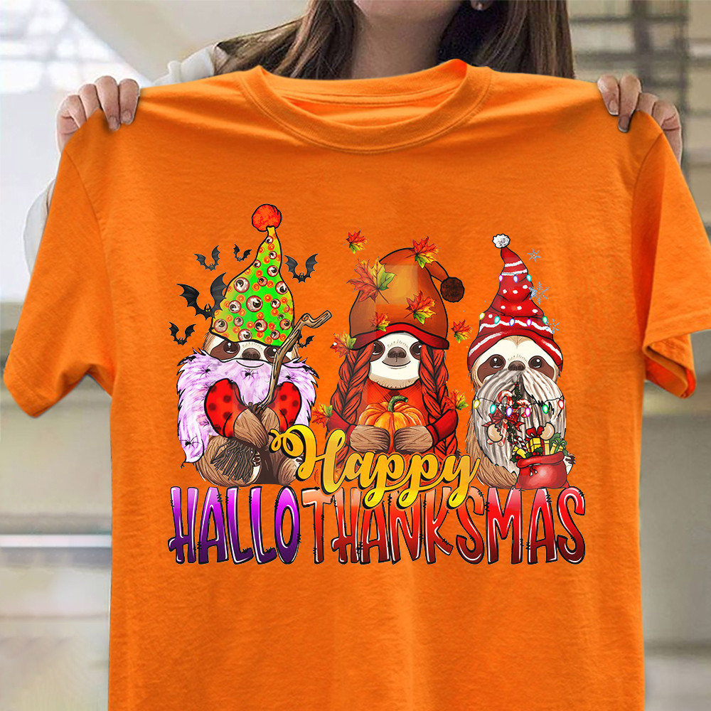 Sloth Happy Hallothanksmas Shirt Halloween Thanksgiving Christmas Gifts For Sloth Lovers-1