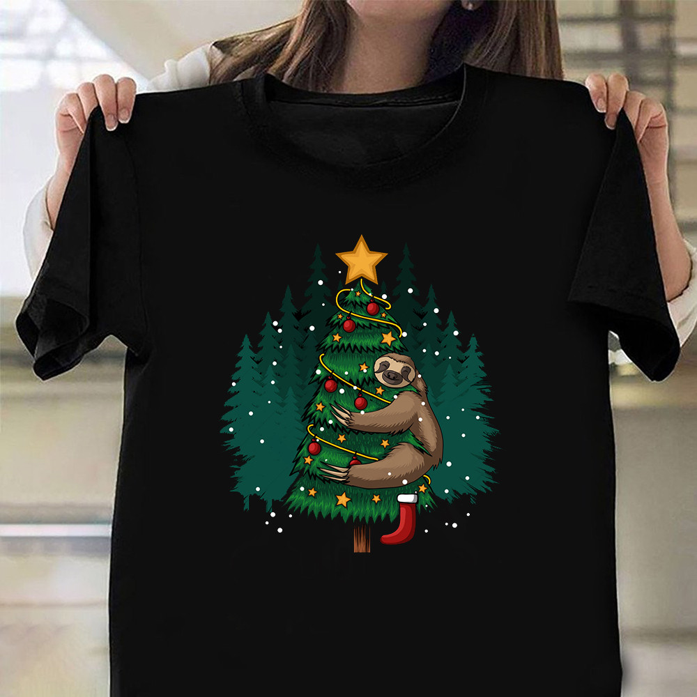 Sloth Hugging Tree Merry Christmas Shirt Sloth Lovers Funny Xmas T-Shirt Gifts For Friends-1
