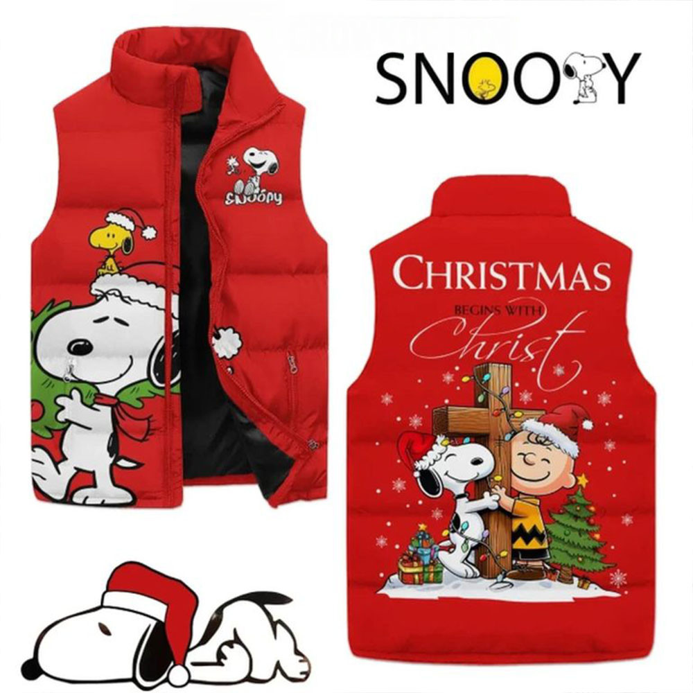 Snoopy Peanuts Christmas Begins With Christ Sleeveless Puffer Jacket Gifts For Movie Fans-1
