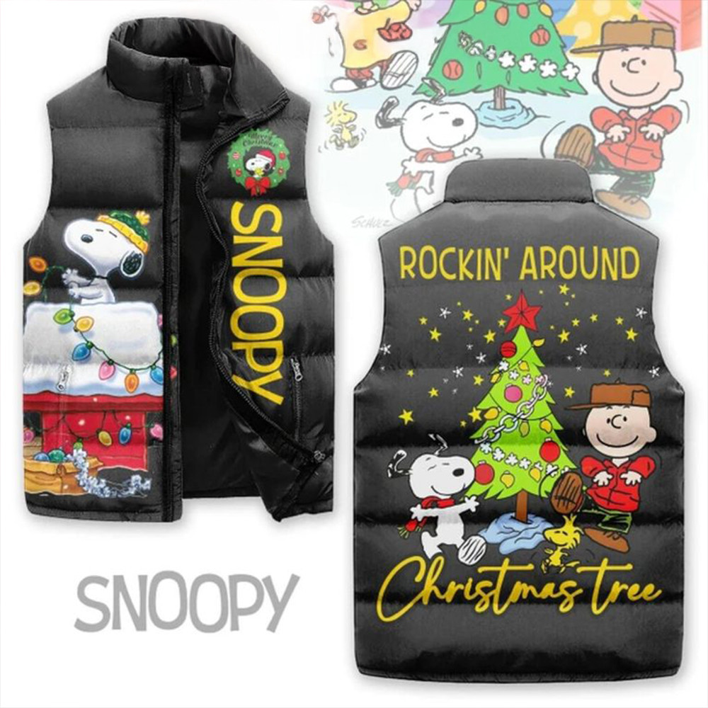 Snoopy Peanuts Christmas Rockin Around The Tree Sleeveless Puffer Jacket Gifts For Movie Fans-1
