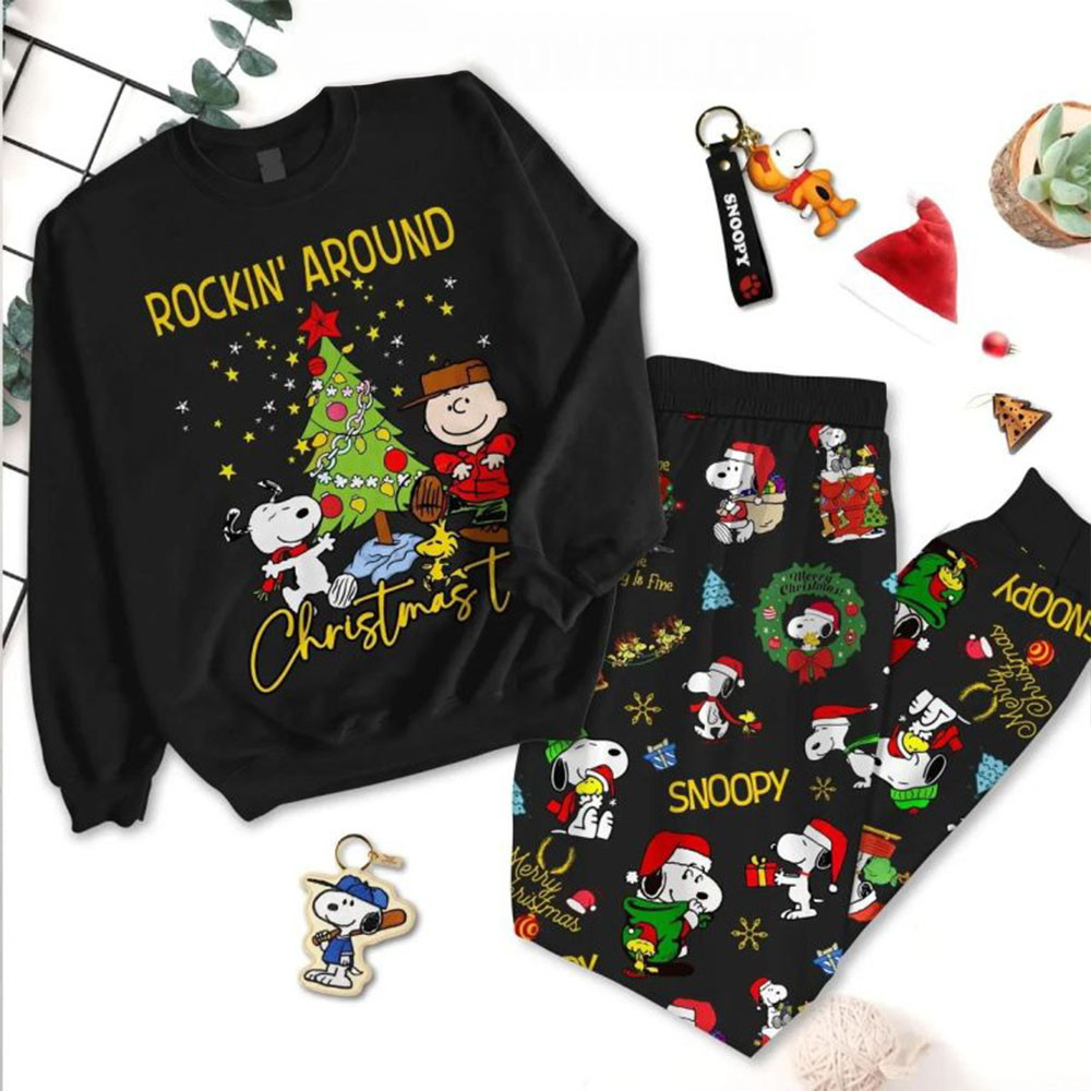 Snoopy Rockin Around Christmas Peanuts 2024 Tree Pajamas Set Gifts For Movie Fanst Gifts For Rapper Fans-1