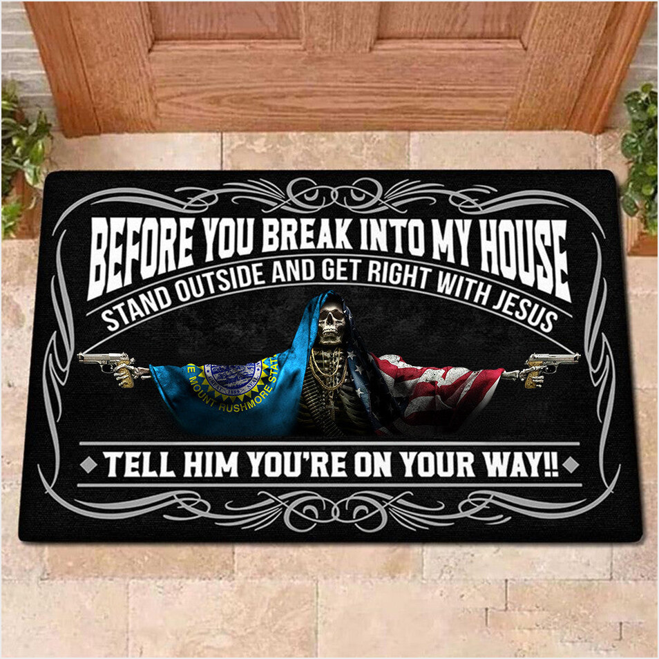South Dakota Flag And USA Flag Skull With Gun Doormat Before You Break Into My House Doormat-1