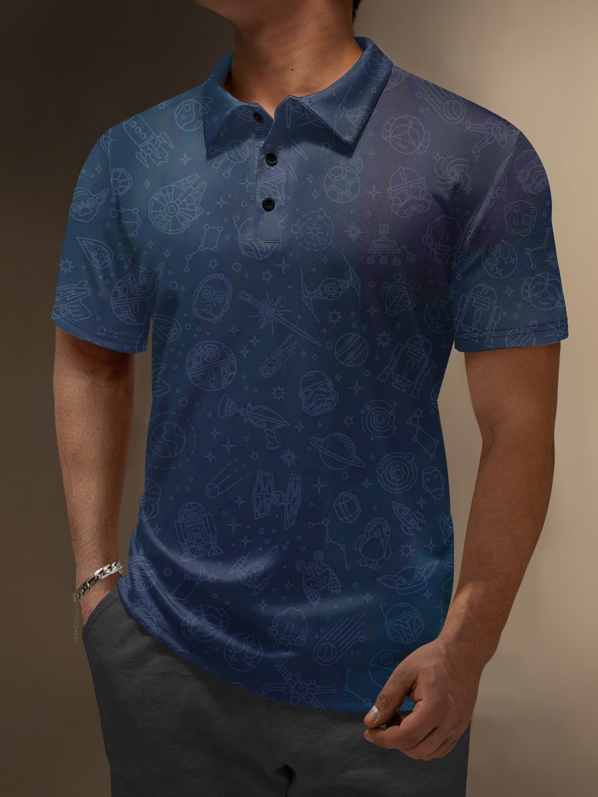 Stars Spaceship Planet Gradient Color Golf Polo-1