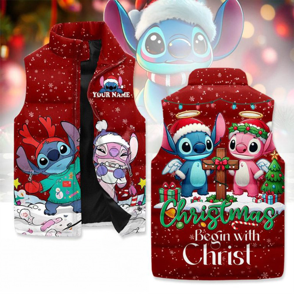 Stitch And Angel Christmas Begins With Christ Sleeveless Puffer Jacket Gifts For Movie Fans-1