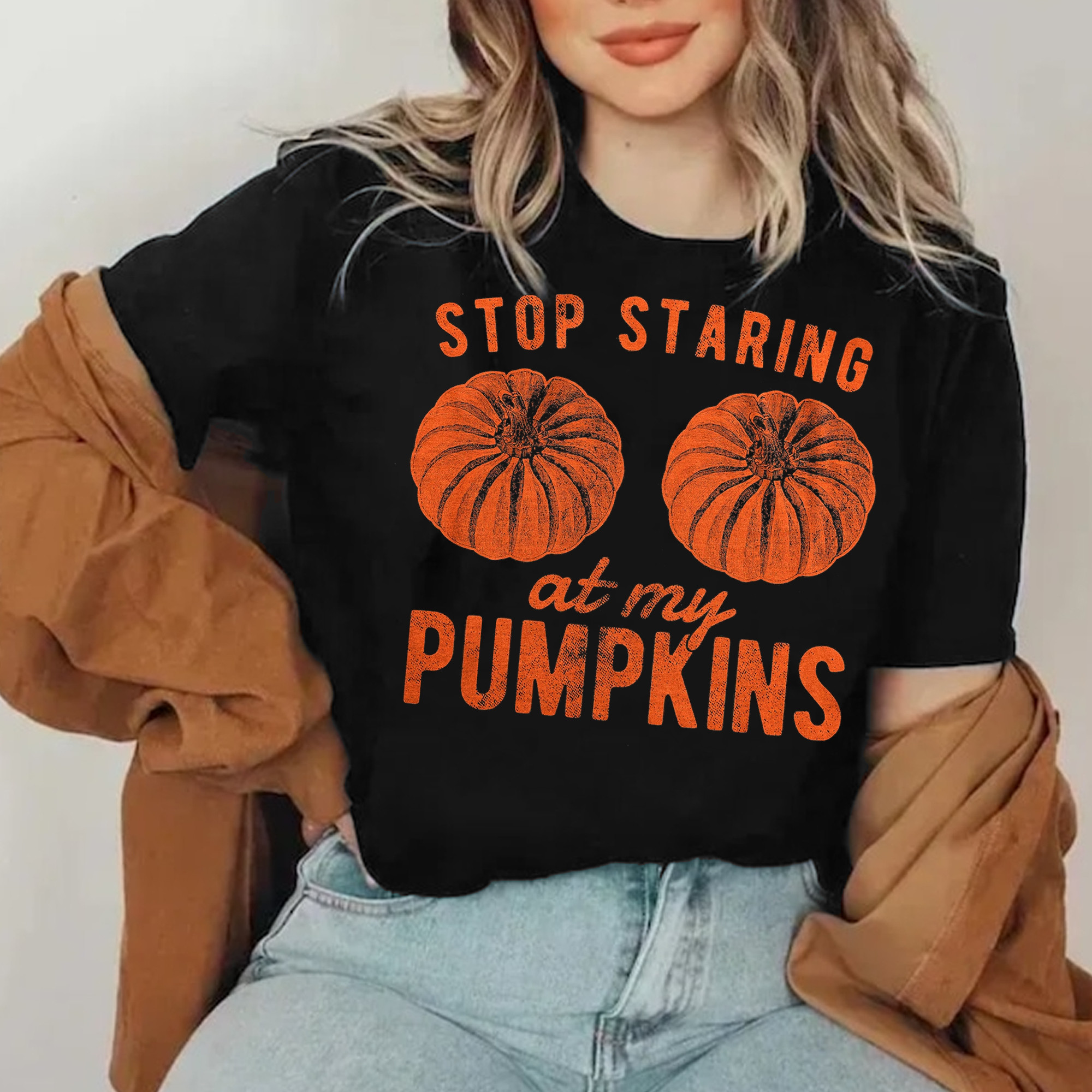 Stop Staring At My Pumpkins T-Shirt Black Funny Halloween Shirts For Women Gifts For Girlfriend-1