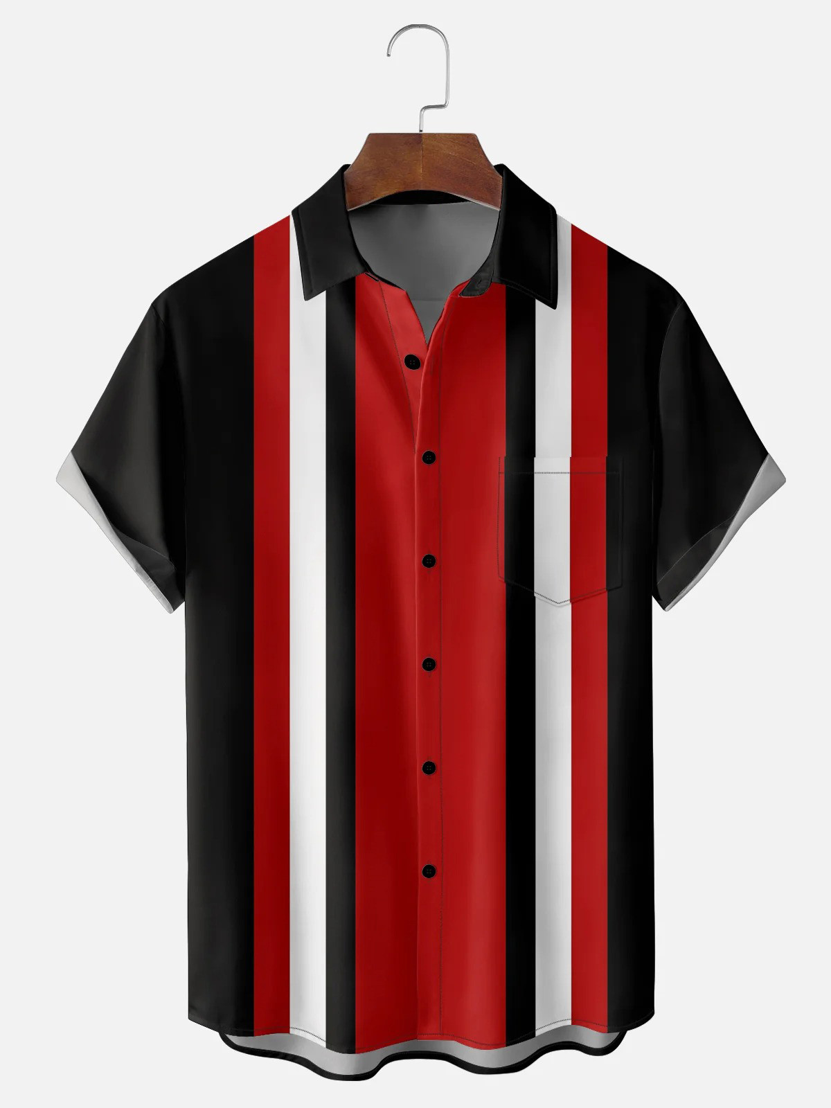 Striped Black Red White Chest Pocket Bowling Shirt-1