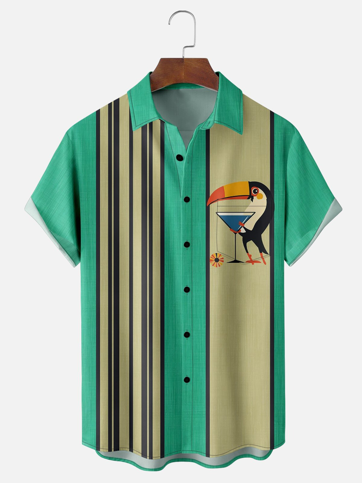 Striped Cocktail Toucan Chest Pocket Bowling Shirt-1
