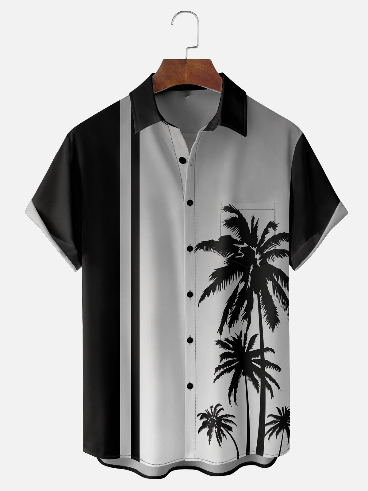 Striped Coconut Tree Chest Pocket Casual Bowling Shirt-1