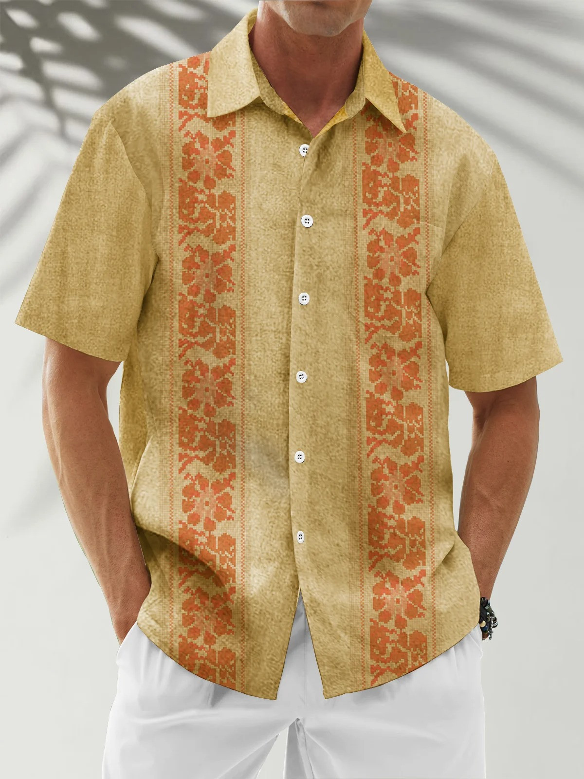 Striped Floral Chest Pocket Guayabera Shirt-1