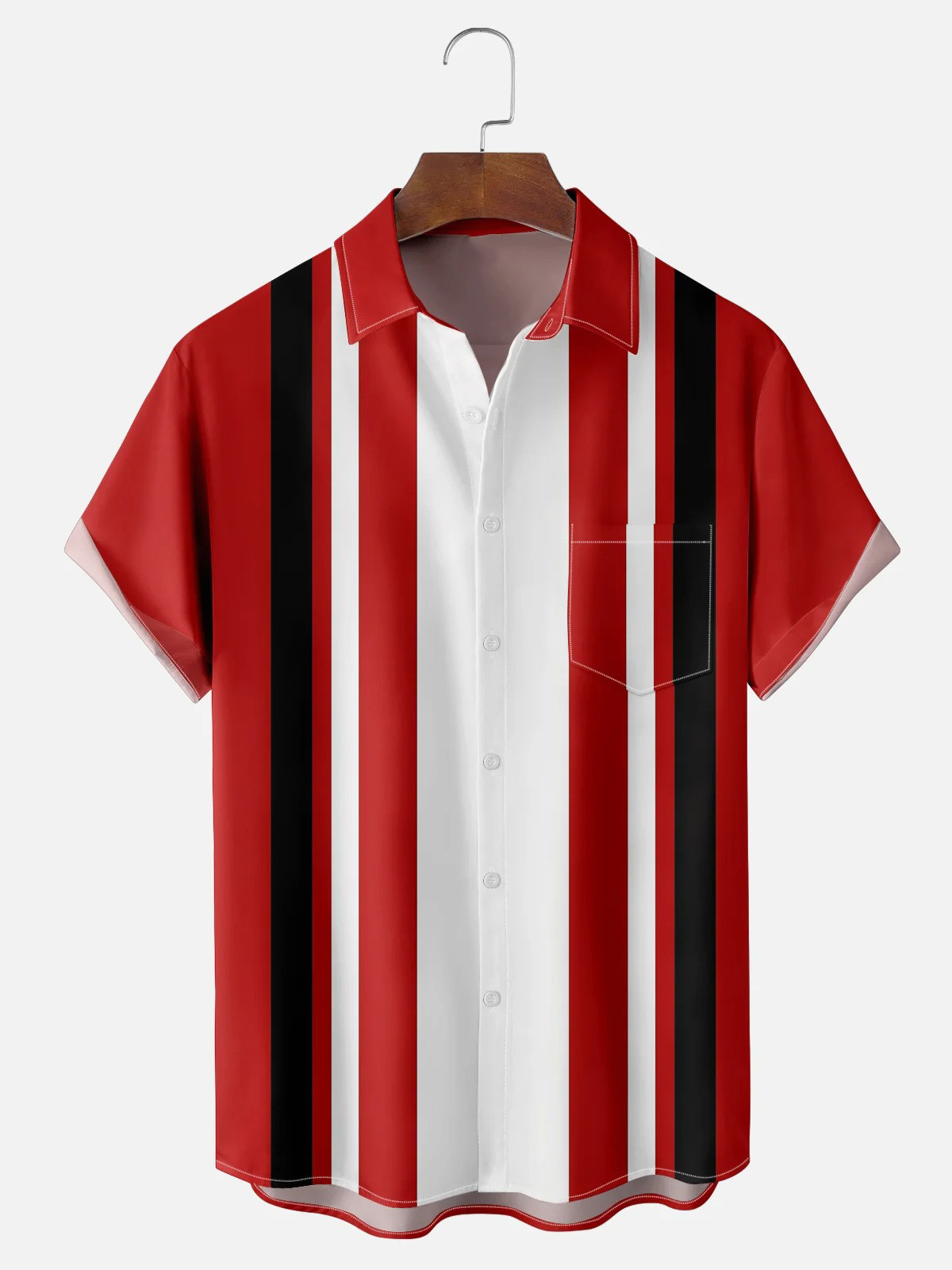 Striped Red and White Chest Pocket Bowling Shirt-1