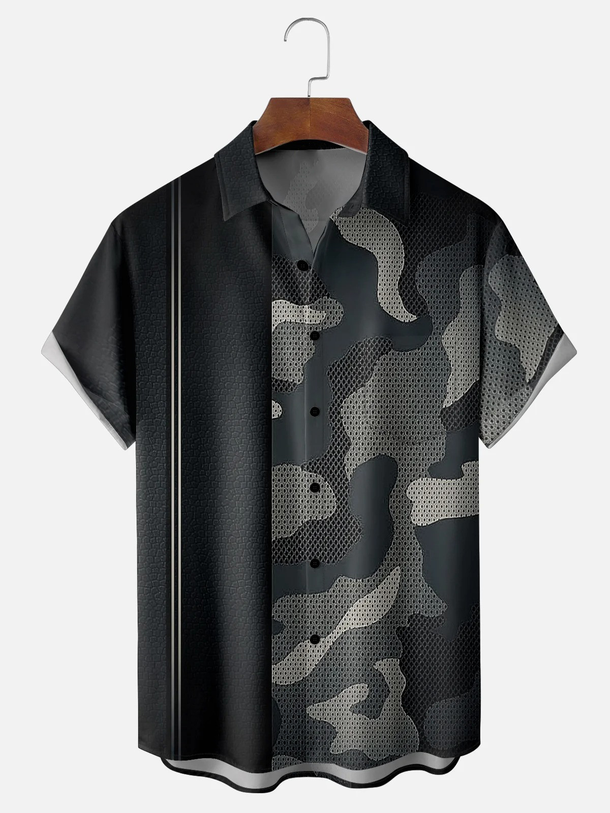 Stripes Camouflage Chest Pocket Casual Bowling Shirt-1