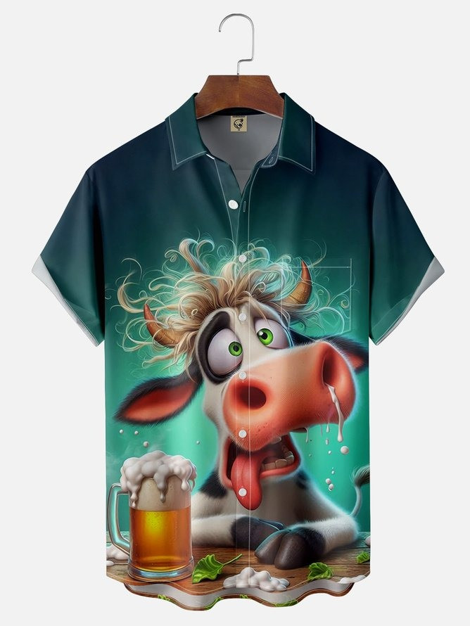 Tall Size Cow Beer Chest Pocket Hawaiian Shirt-1