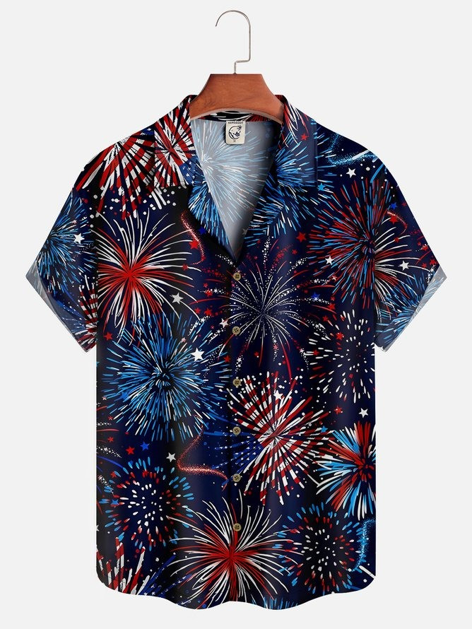 Tall Size Moisture Wicking Fireworks American Flag Short Sleeve Aloha Shirt-1
