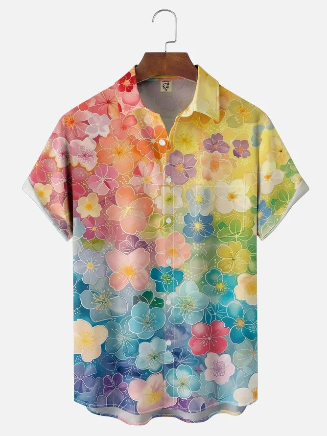 Tall Size Moisture Wicking Floral Gradient Chest Pocket Hawaiian Shirt-1