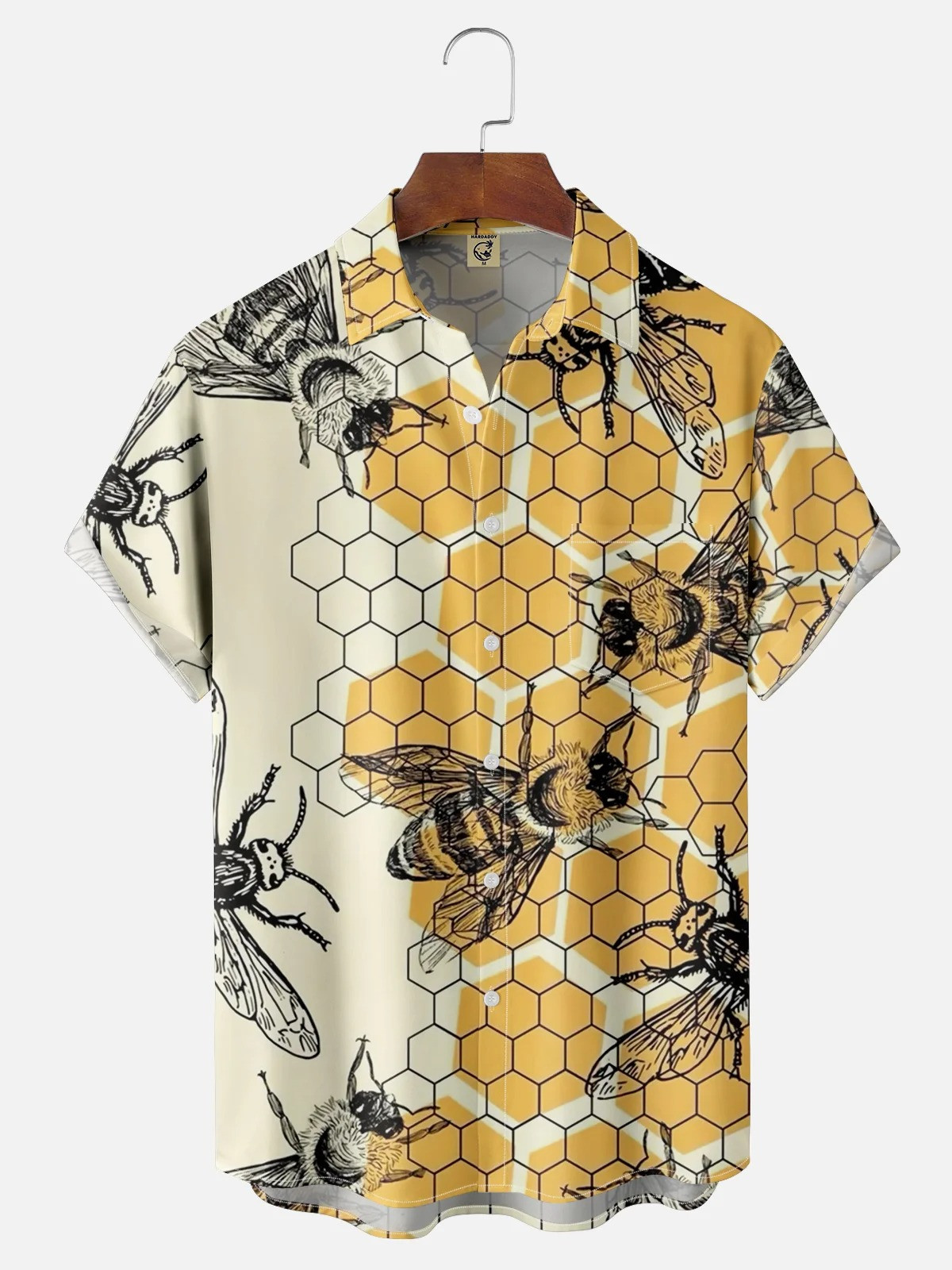 Tall Size Moisture-wicking Bee Art Illustration Chest Pocket Hawaiian Shirt-1