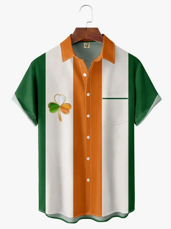 Tall Size Moisture-wicking Breathable Shamrock Chest Pocket Bowling Shirt-1