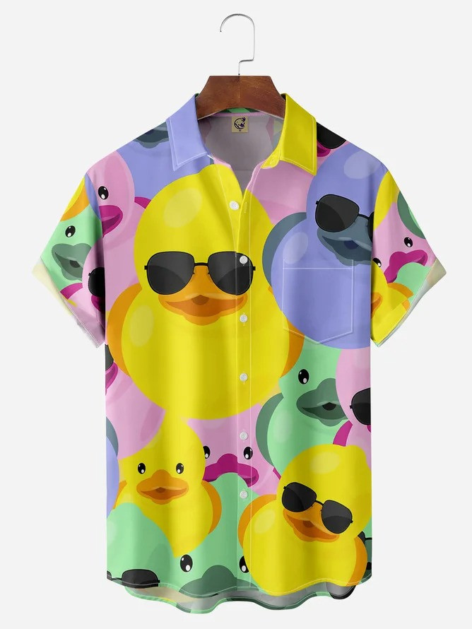 Tall Size Moisture-wicking Cartoon Ducks Chest Pocket Casual Shirt-1