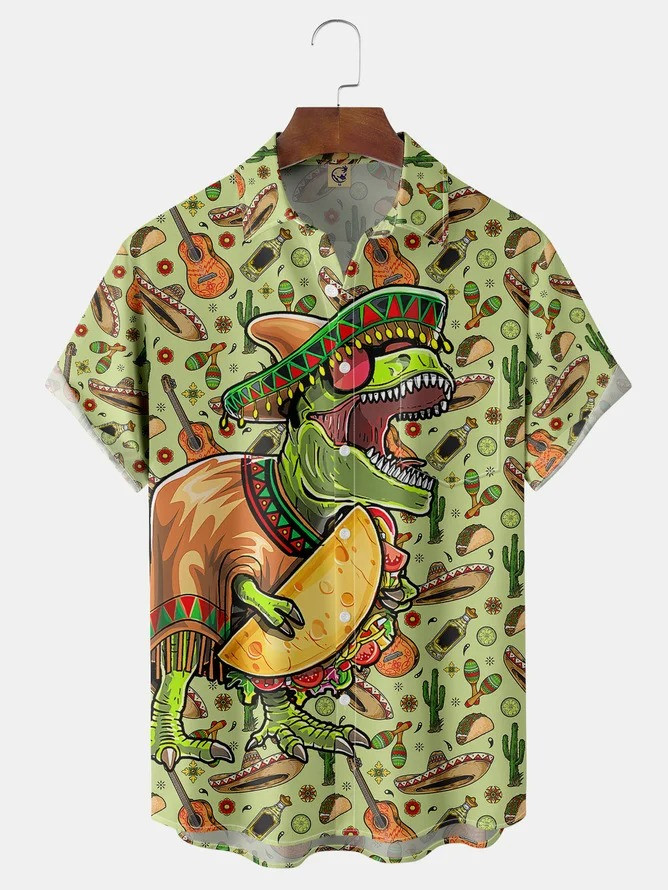 Tall Size Moisture-wicking Cinco de Mayo Dinosaur Taco Chest Pocket Casual Shirt-1