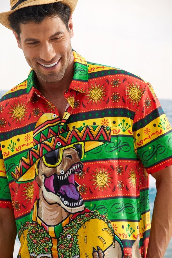 Tall Size Moisture-wicking Cinco de Mayo Dinosaur Taco Chest Pocket Hawaiian Shirt-1