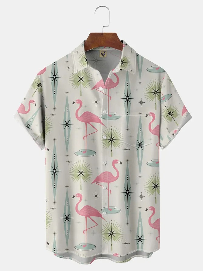 Tall Size Moisture-wicking Flamingo Geomatric Chest Pocket Hawaiian Shirt-1