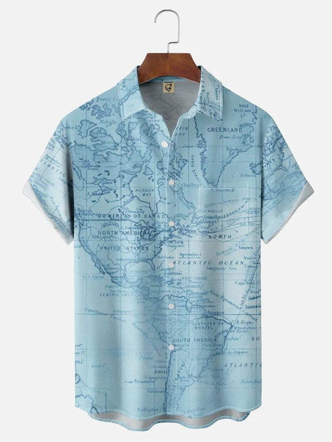 Tall Size Moisture-wicking Map Chest Pocket Casual Shirt-1