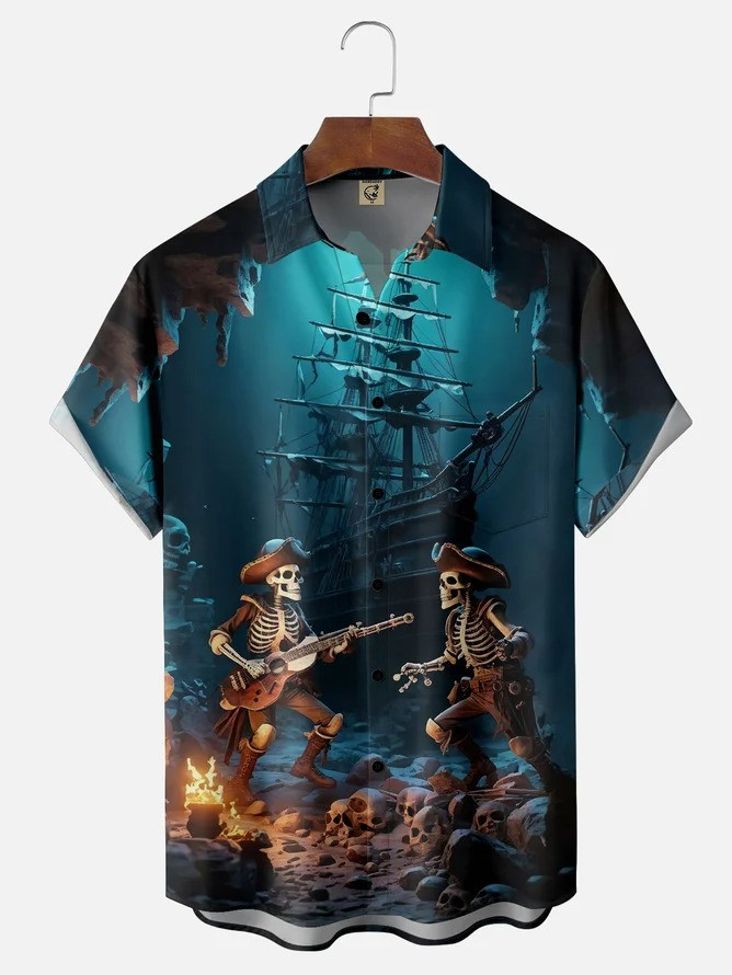 Tall Size Moisture-wicking Pirate Music Chest Pocket Hawaiian Shirt-1