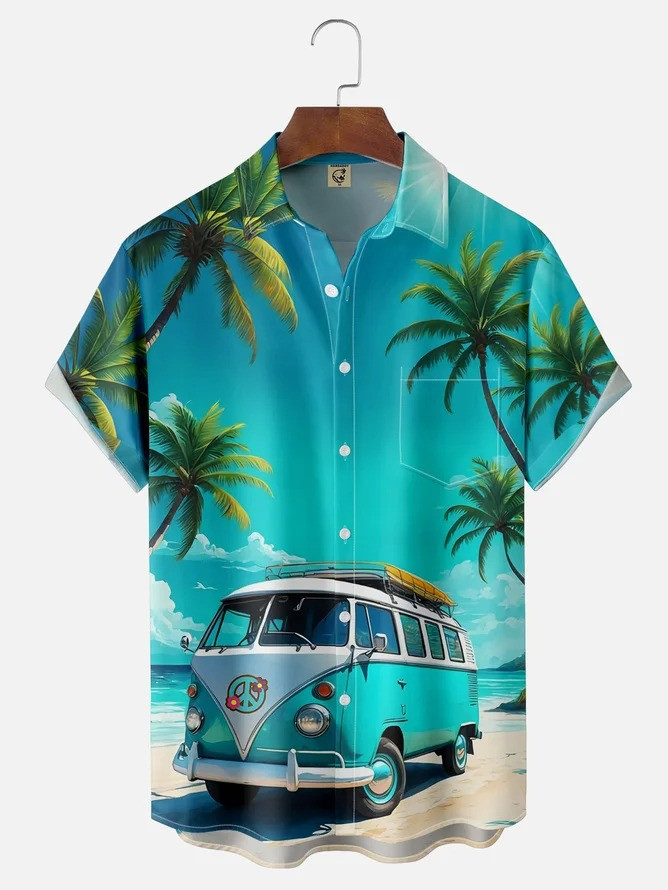 Tall Size Moisture-wicking Vintage Car Palm Tree Chest Pocket Hawaiian Shirt-1