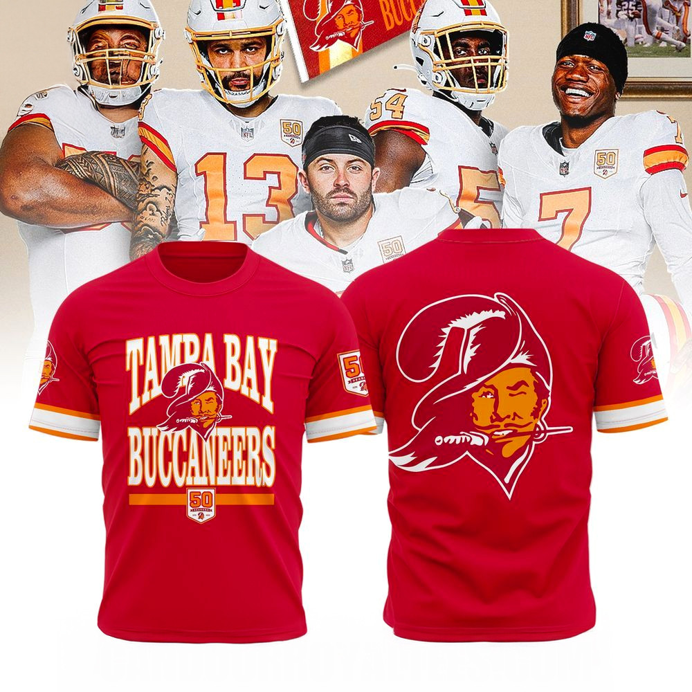Tampa Bay Buccaneers 50Th Season Game Red T-Shirt Buccaneers Merch Gifts For Fans-1
