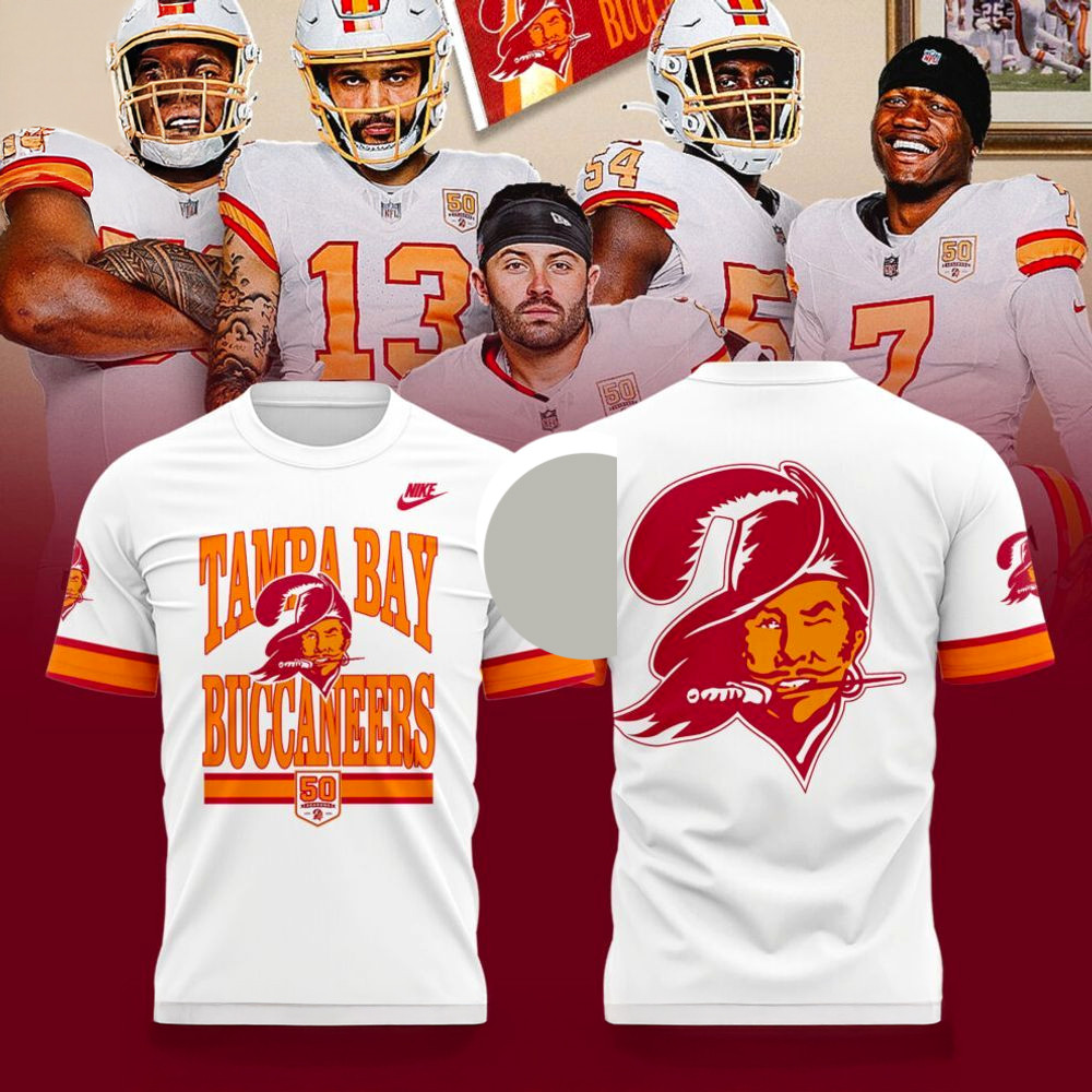 Tampa Bay Buccaneers 50Th Season Game White T-Shirt Buccaneers Merch Gifts For Dad-1 Tampa Bay Buccaneers 50Th Season Game White T-Shirt Buccaneers Merch Gifts For Dad-1