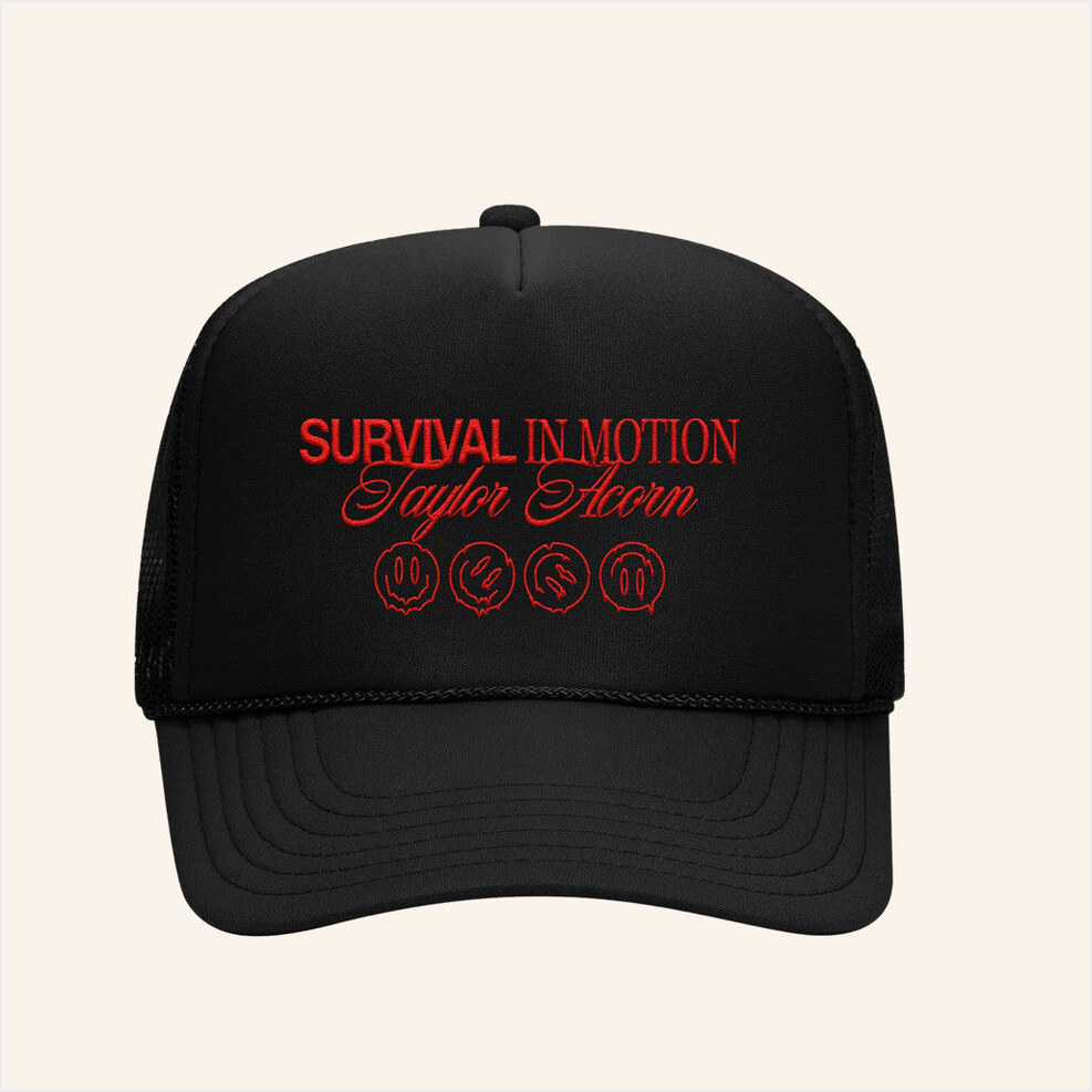 Taylor Acorn Merch Store Survival In Motion Black Trucker Hat Embroidered Gifts For Brother-1