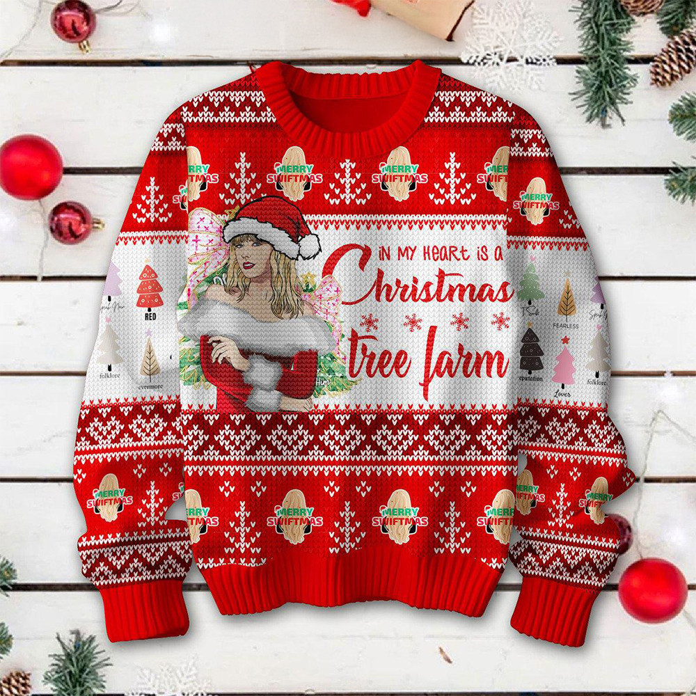 Taylor Swift Christmas Ugly Sweater In My Heart Is A Tree Farm Red Sweater Gifts For Swifties-1 Taylor Swift Christmas Ugly Sweater In My Heart Is A Tree Farm Red Sweater Gifts For Swifties-1