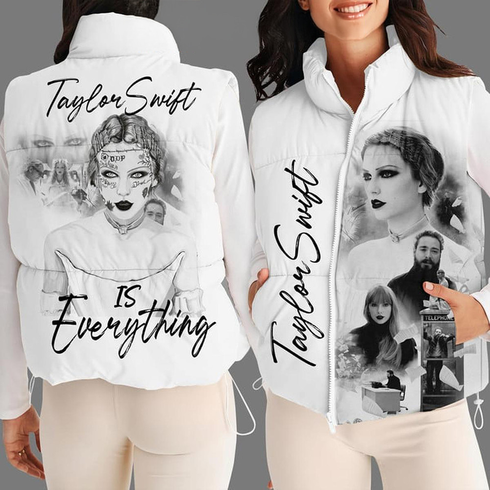 Taylor Swift Is Everything Sleeveless Puffer Jacket White TTPD Merch Gifts For Swifties-1