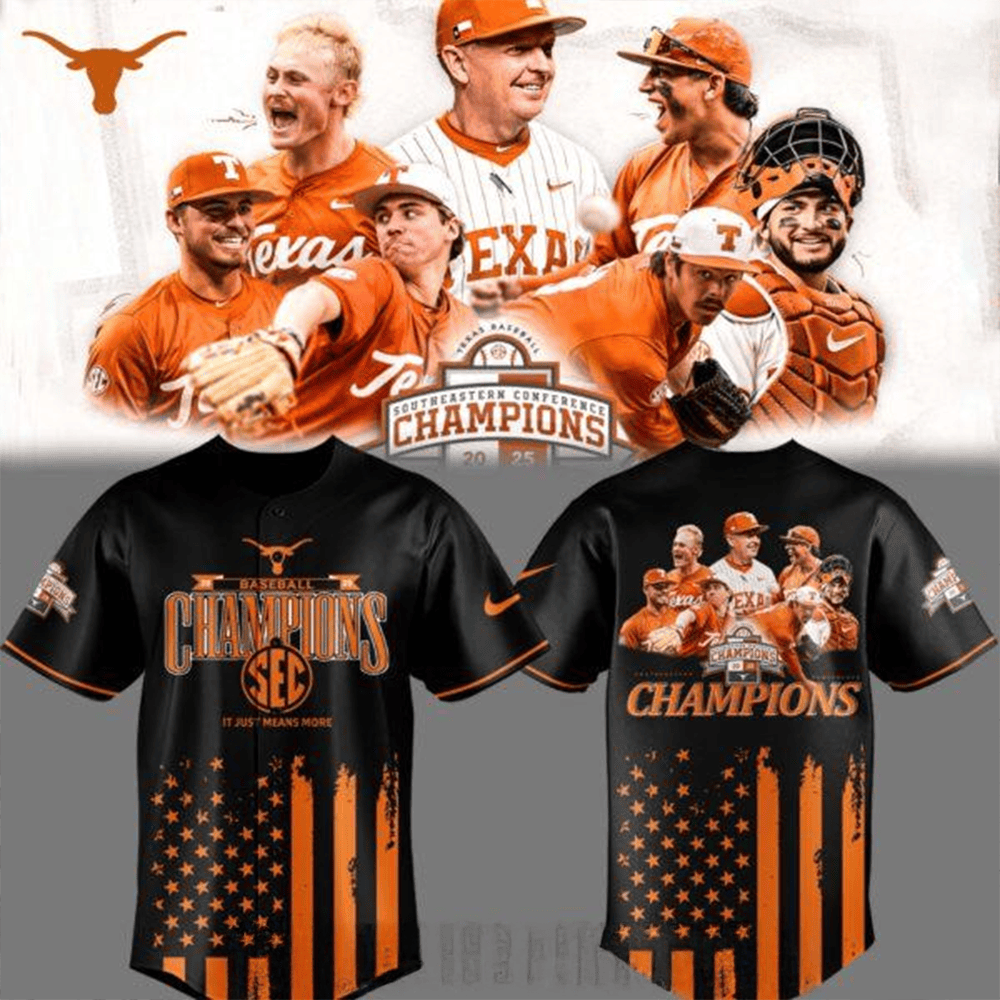 Texas Longhorns Tournament Champions 2025 Black Baseball Jersey Texas Longhorns Merch-1