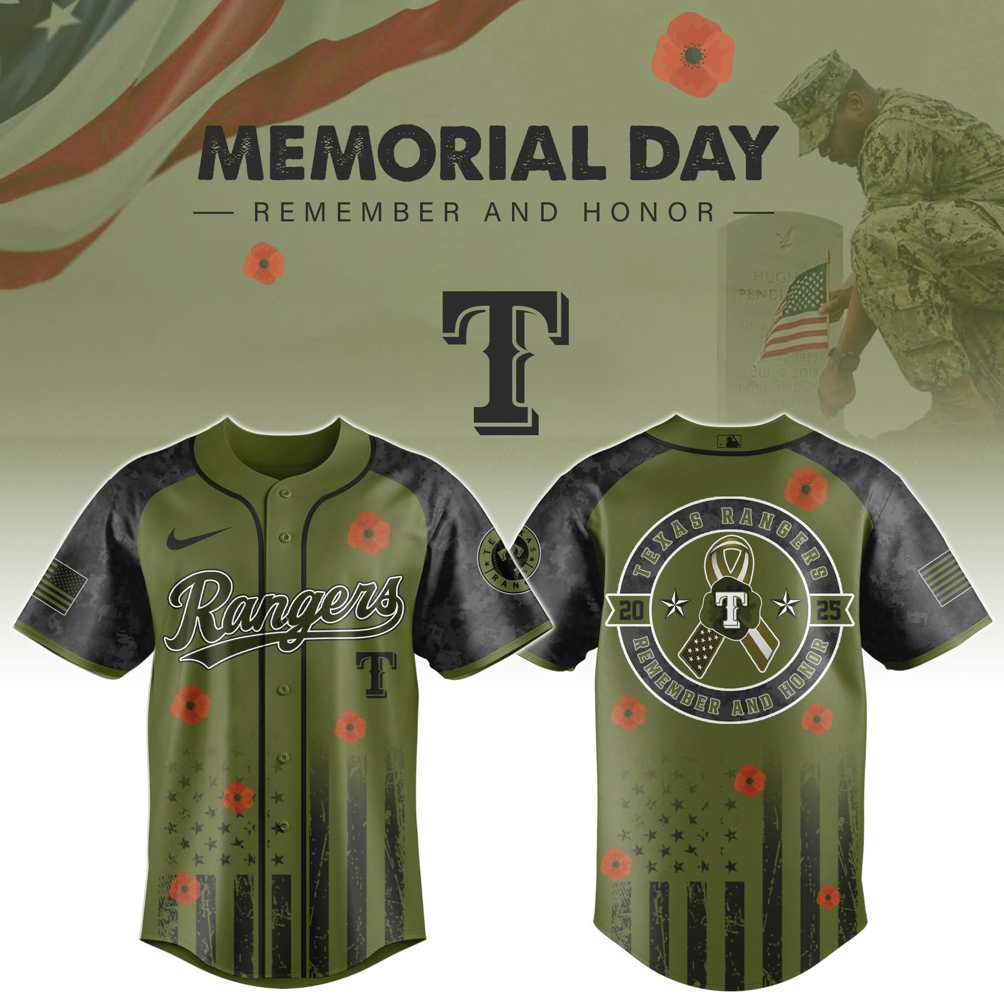 Texas Rangers MLB x Army Military Memorial Day Appreciation Night Jersey Texas Rangers Merch-1