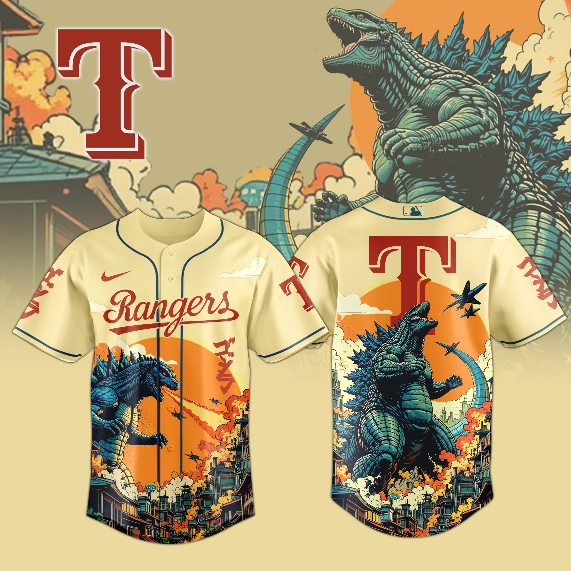 Texas Rangers Mlb X Godzilla New Baseball Jersey For Fans-1