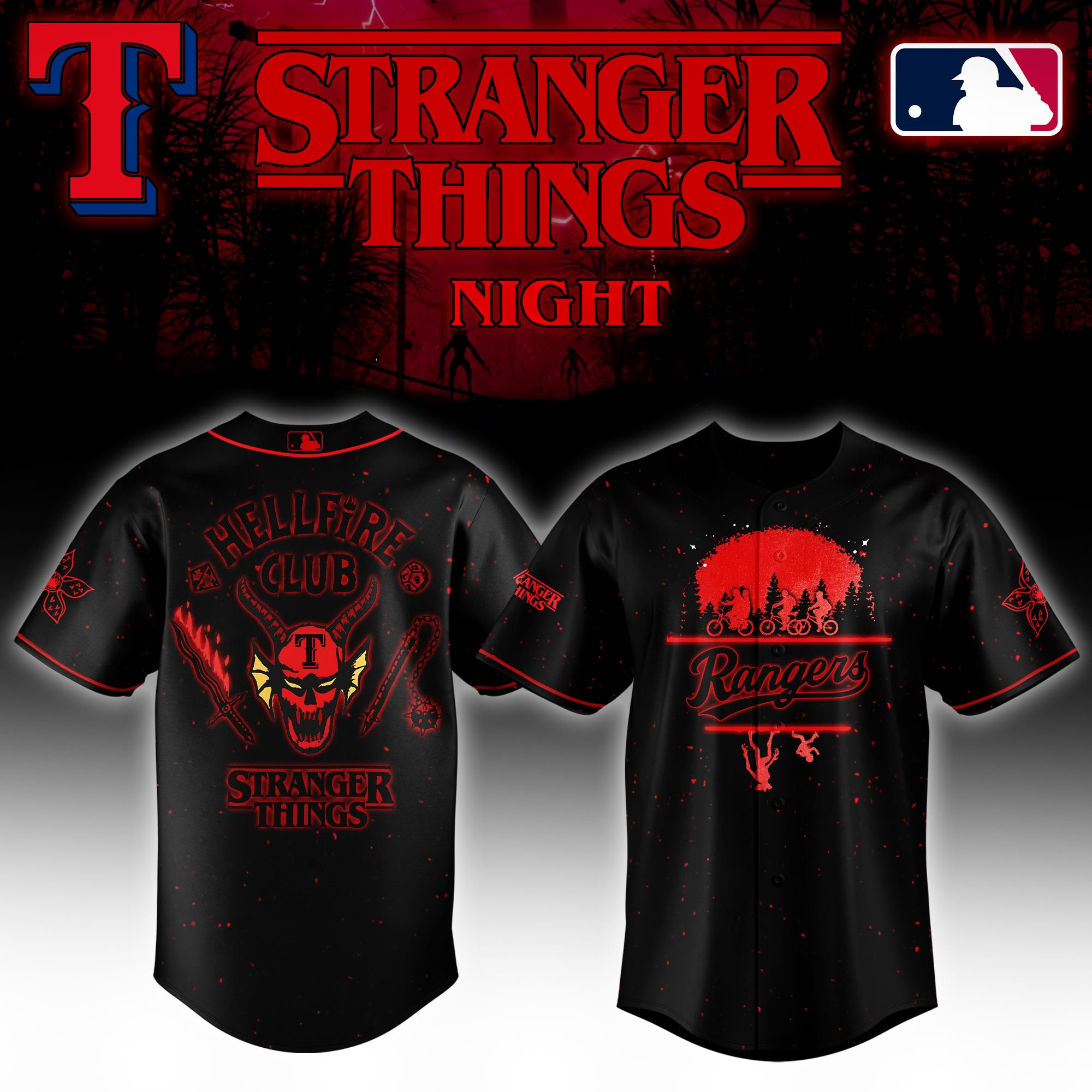 Texas Rangers Mlb X Stranger Things Night Baseball Jersey For Fans-1
