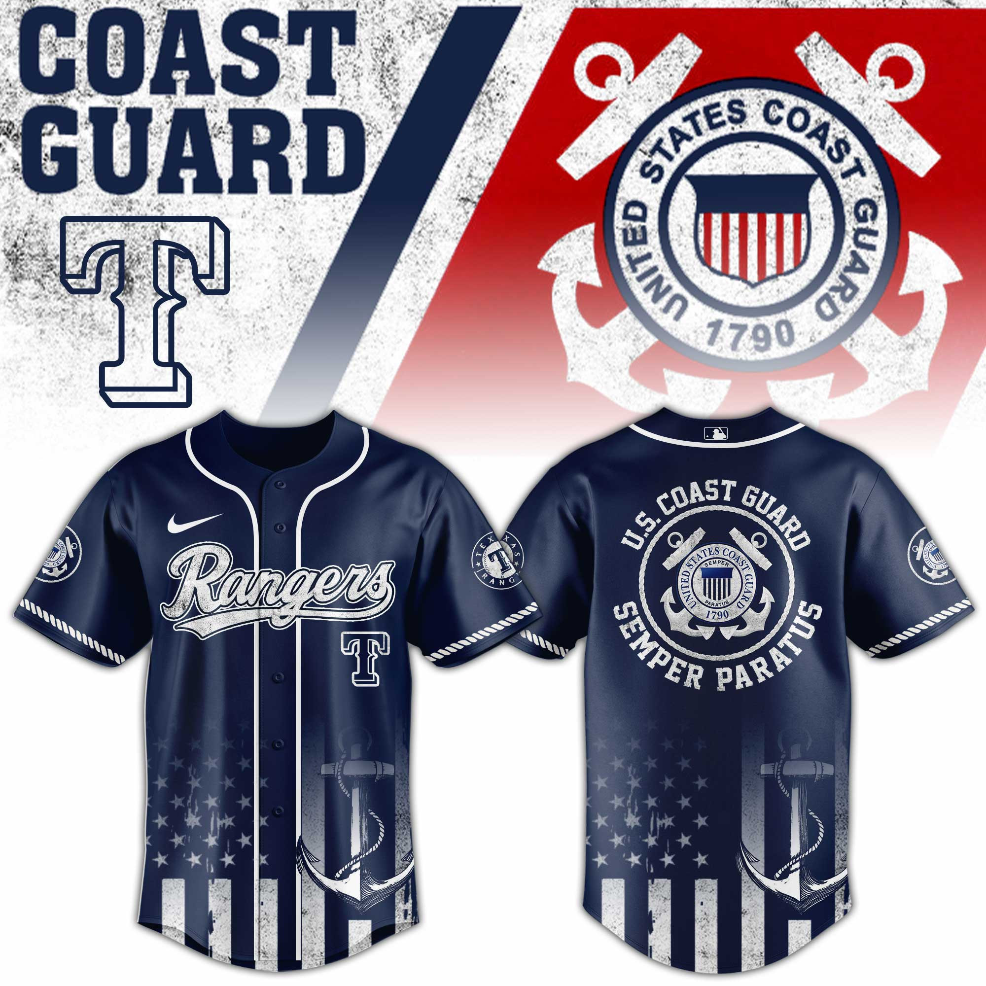 Texas Rangers Mlb X Us Coast Guard Baseball Jersey For Fans-1