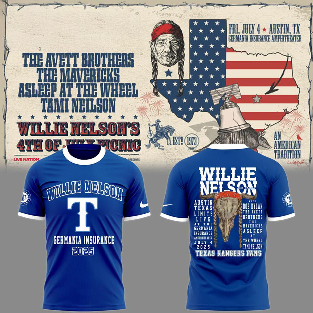 Texas Rangers Willie Nelson Germania Insurance T-Shirt Texas Rangers Merch Dad Gifts-1