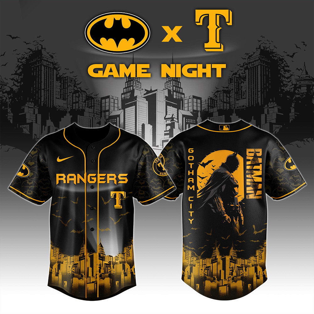 Texas Rangers x DC Batman Game Night Jersey Presents For Baseball Fans-1
