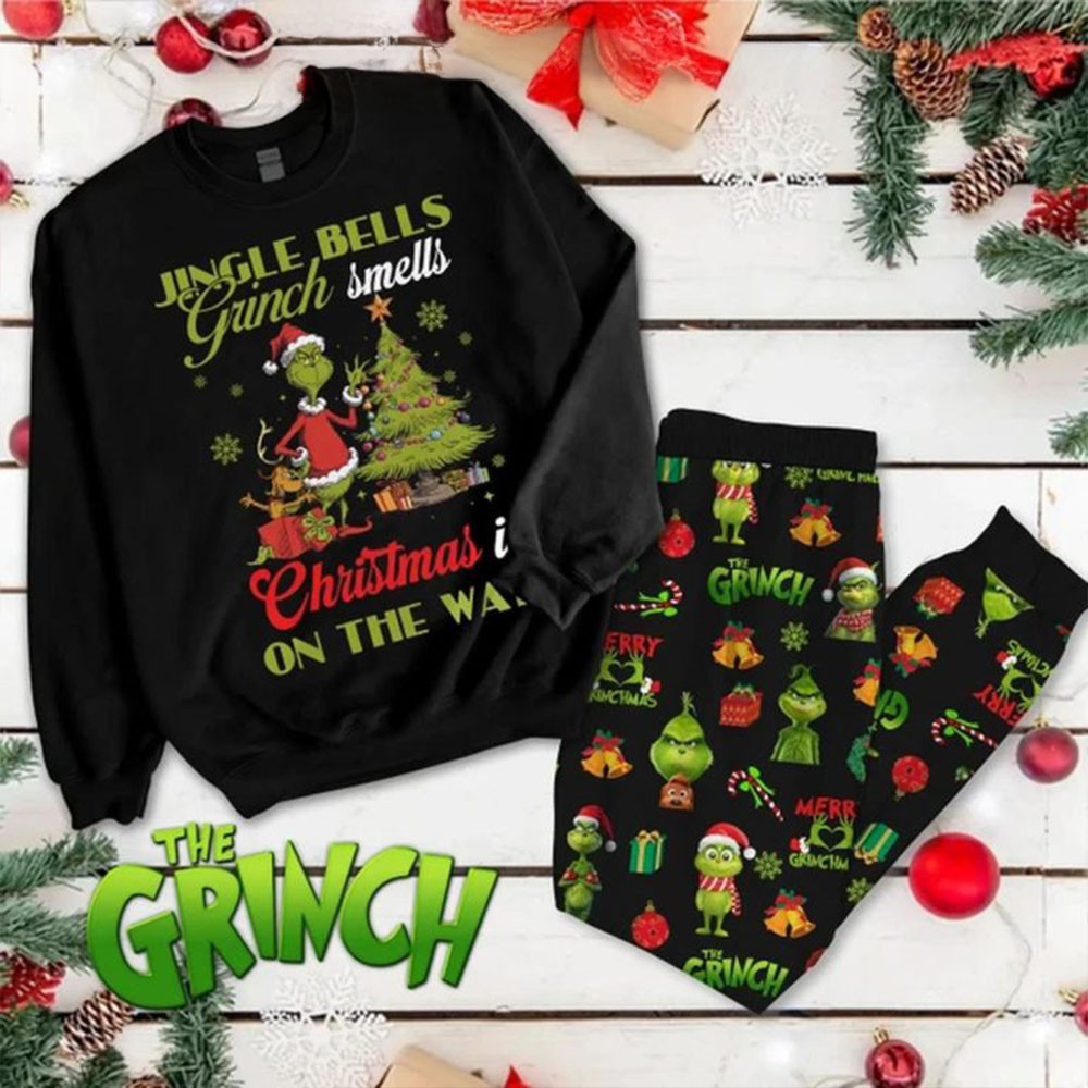The Grinch Jingle Bells Grinch Smell Christmas 2024 Is On The Way Pajamas Set Fans Gifts-1